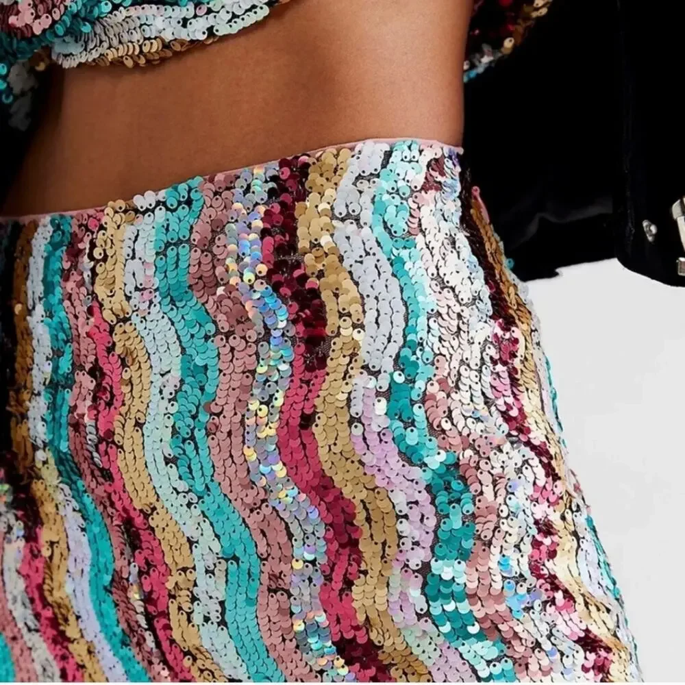 Free People Dance Again Retro Rainbow Sequin Size 2 Pants